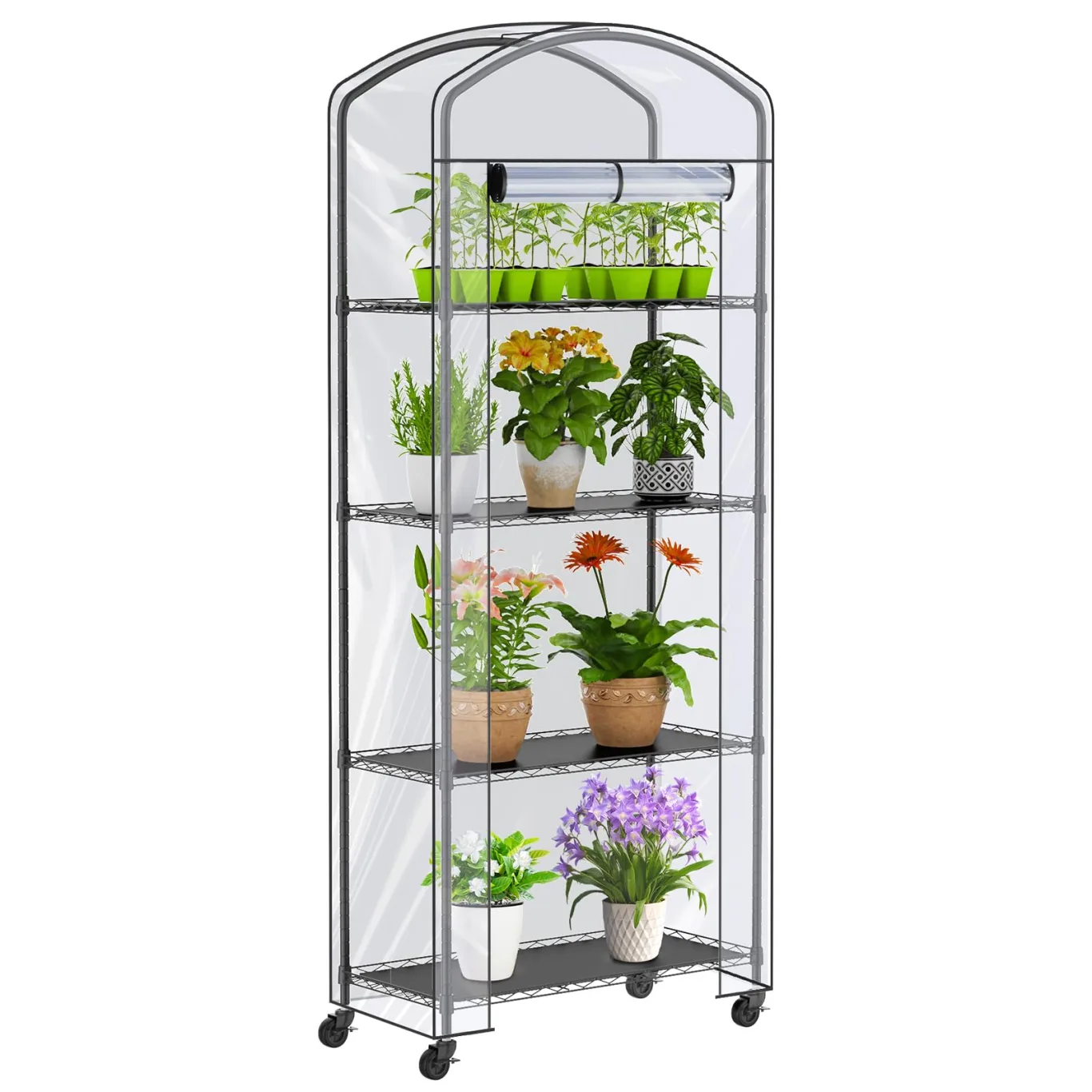 4-stöckiges Gewächshaus mit Rädern, höhenverstellbare Ablagen, Metall-Pflanzenregal mit PVC-Abdeckung für Saatanfangschalen, Sämlingstöpfe, Pflanztöpfe, 33 x 73,7 x 185,4 cm - Bild 1