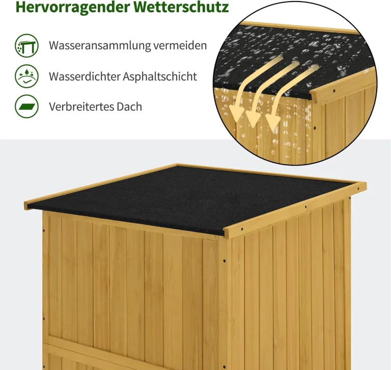 M MCombo Gartenschrank Holz, Gartenhaus Klein Wetterfest, Outdoor Gerätehaus Geräteschuppen, für Außenbereich Balkon Terrasse, 0878-F (Natur) – Bild 6