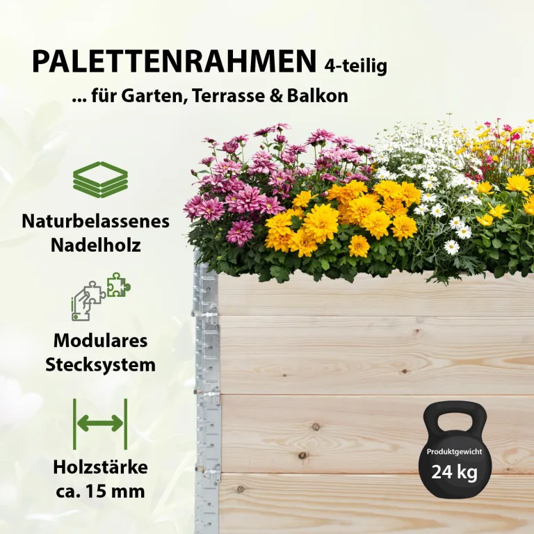 TRUTZHOLM Hochbeet aus Holz 120x80x80 cm Palettenrahmen 4-teilig stapelbar steckbar faltbar Pflanzbeet Beeteinfassung Holzrahmen Aufsatzrahmen für Europalette Garten Balkon Terrasse in Natur – Bild 2