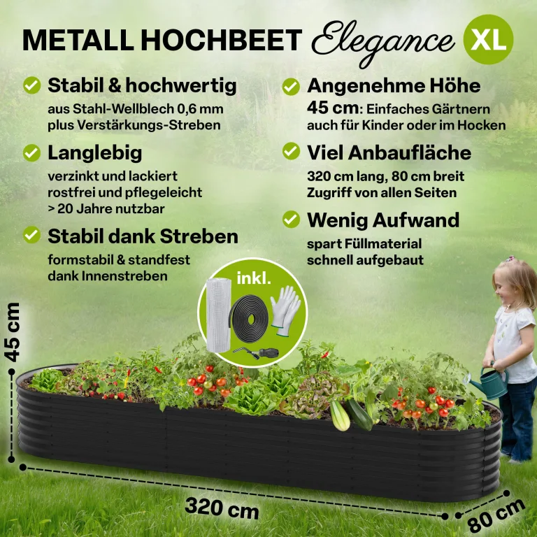 TTL GARDEN 320x80x45cm Elegance XL Metall Hochbeet Anthrazit - Stahl rostfrei verzinkt & grau lackiert Wellblech ovale Form sehr stabil Garten Beet für Gemüse Kräuter Blumen Gartenbeet Gemüsebeet – Bild 2