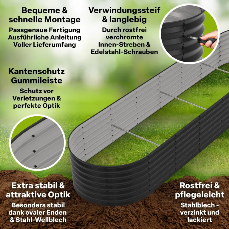 TTL GARDEN 320x80x45cm Elegance XL Metall Hochbeet Anthrazit - Stahl rostfrei verzinkt & grau lackiert Wellblech ovale Form sehr stabil Garten Beet für Gemüse Kräuter Blumen Gartenbeet Gemüsebeet – Bild 3