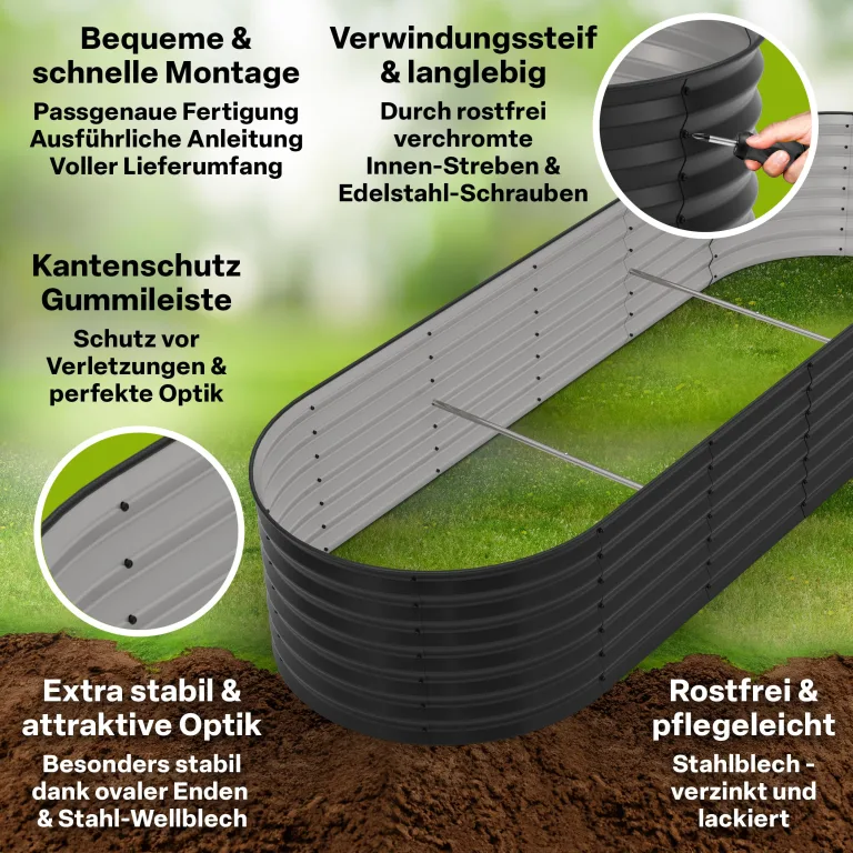 TTL GARDEN 240x80x45cm Elegance L Metall Hochbeet Anthrazit - Stahl rostfrei verzinkt & grau lackiert Wellblech ovale Form sehr stabil Garten Beet für Gemüse Kräuter Blumen Gartenbeet Gemüsebeet – Bild 3