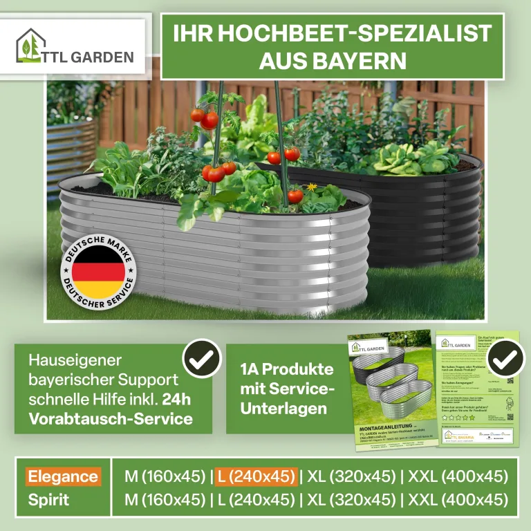 TTL GARDEN 240x80x45cm Elegance L Metall Hochbeet Anthrazit - Stahl rostfrei verzinkt & grau lackiert Wellblech ovale Form sehr stabil Garten Beet für Gemüse Kräuter Blumen Gartenbeet Gemüsebeet – Bild 8