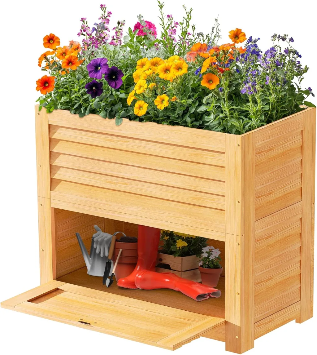 SUNYRISY Hochbeet für Garten mit Stauraum, Holz Hochbeet für Balkon, Outdoor Pflanzkasten Blumenkasten Kräuterbeet, Gartenwerkzeuge Speichern Lagerbox, 85 x 45 x 75 cm, Holzfarbe