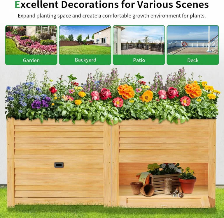 SUNYRISY Hochbeet für Garten mit Stauraum, Holz Hochbeet für Balkon, Outdoor Pflanzkasten Blumenkasten Kräuterbeet, Gartenwerkzeuge Speichern Lagerbox, 85 x 45 x 75 cm, Holzfarbe – Bild 5