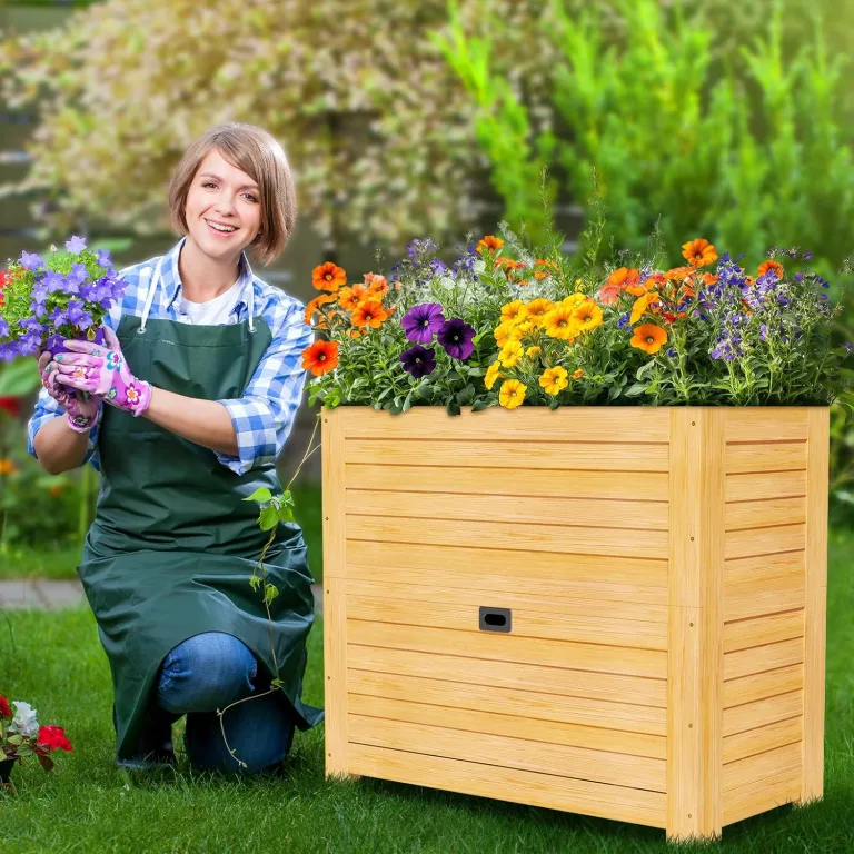 SUNYRISY Hochbeet für Garten mit Stauraum, Holz Hochbeet für Balkon, Outdoor Pflanzkasten Blumenkasten Kräuterbeet, Gartenwerkzeuge Speichern Lagerbox, 85 x 45 x 75 cm, Holzfarbe – Bild 6