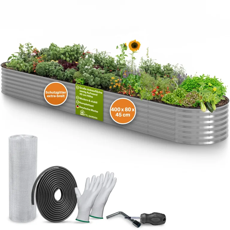 TTL GARDEN 400x80x45cm Spirit XXL Metall Hochbeet Silber - Stahl rostfrei verzinkt Wellblech ovale Form sehr groß stabil & wetterfest Garten Beet für Gemüse Kräuter Blumen Gartenbeet Gemüsebeet – Bild 1