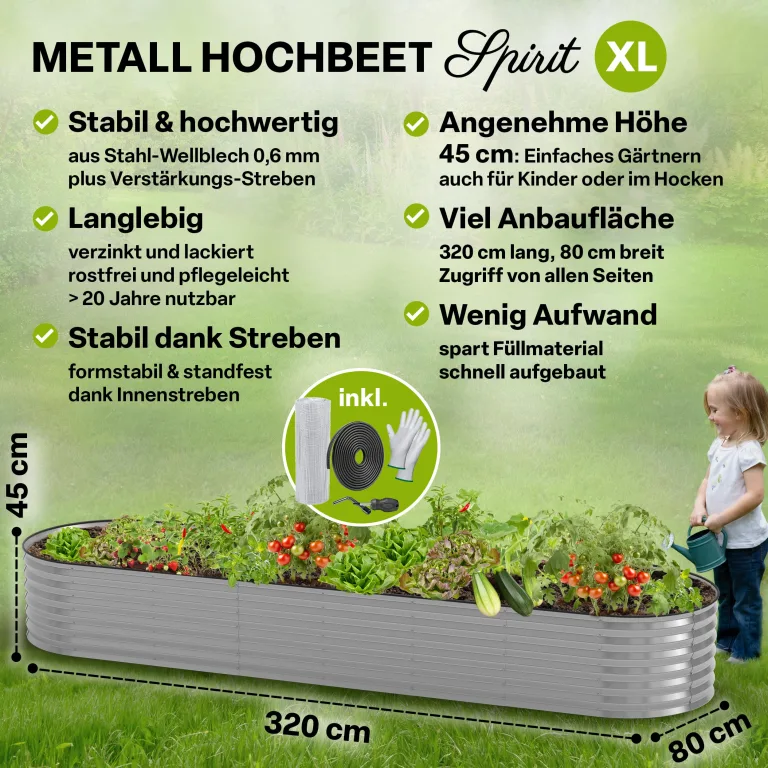 TTL GARDEN 320x80x45cm Spirit XL Metall Hochbeet Silber - Stahl rostfrei verzinkt Wellblech ovale Form sehr groß stabil & wetterfest Garten Beet für Gemüse Kräuter Blumen Gartenbeet Gemüsebeet – Bild 2