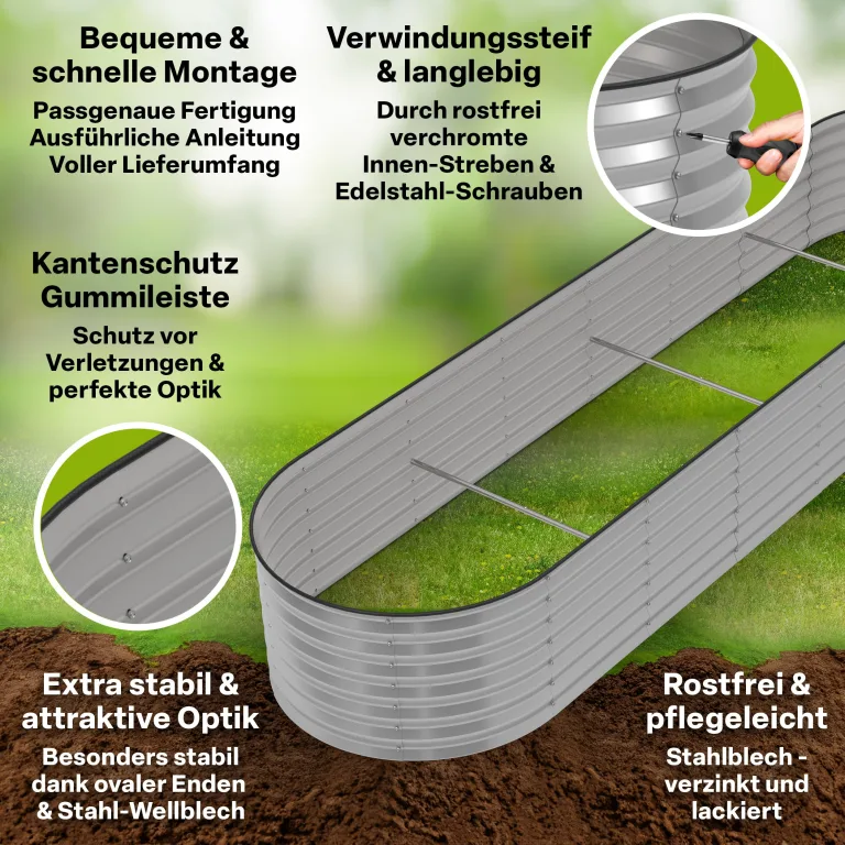 TTL GARDEN 320x80x45cm Spirit XL Metall Hochbeet Silber - Stahl rostfrei verzinkt Wellblech ovale Form sehr groß stabil & wetterfest Garten Beet für Gemüse Kräuter Blumen Gartenbeet Gemüsebeet – Bild 3