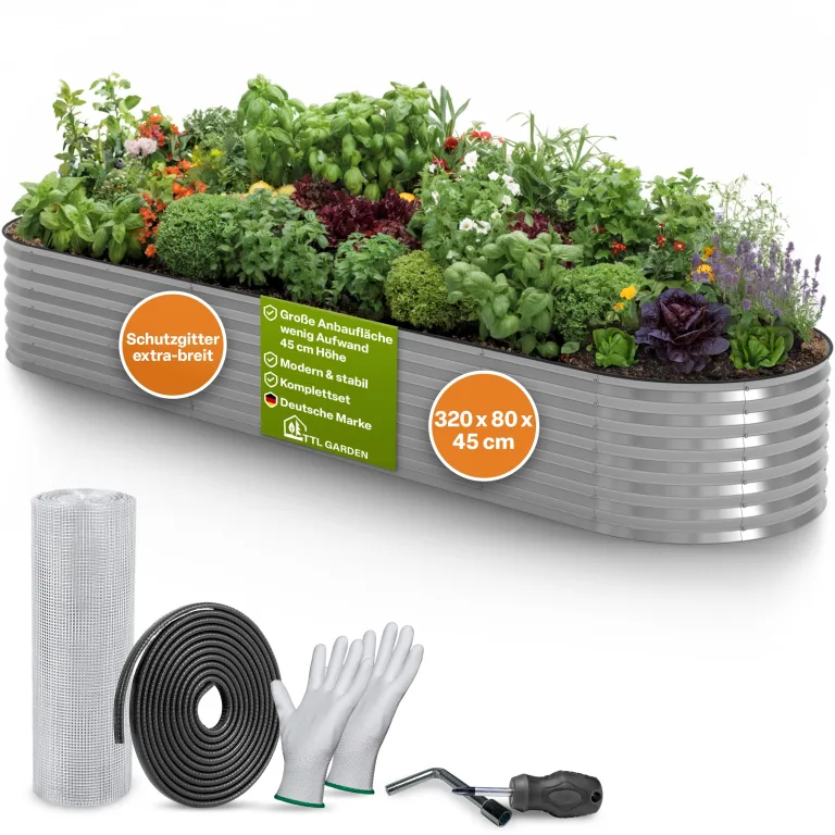 TTL GARDEN 320x80x45cm Spirit XL Metall Hochbeet Silber - Stahl rostfrei verzinkt Wellblech ovale Form sehr groß stabil & wetterfest Garten Beet für Gemüse Kräuter Blumen Gartenbeet Gemüsebeet – Bild 1