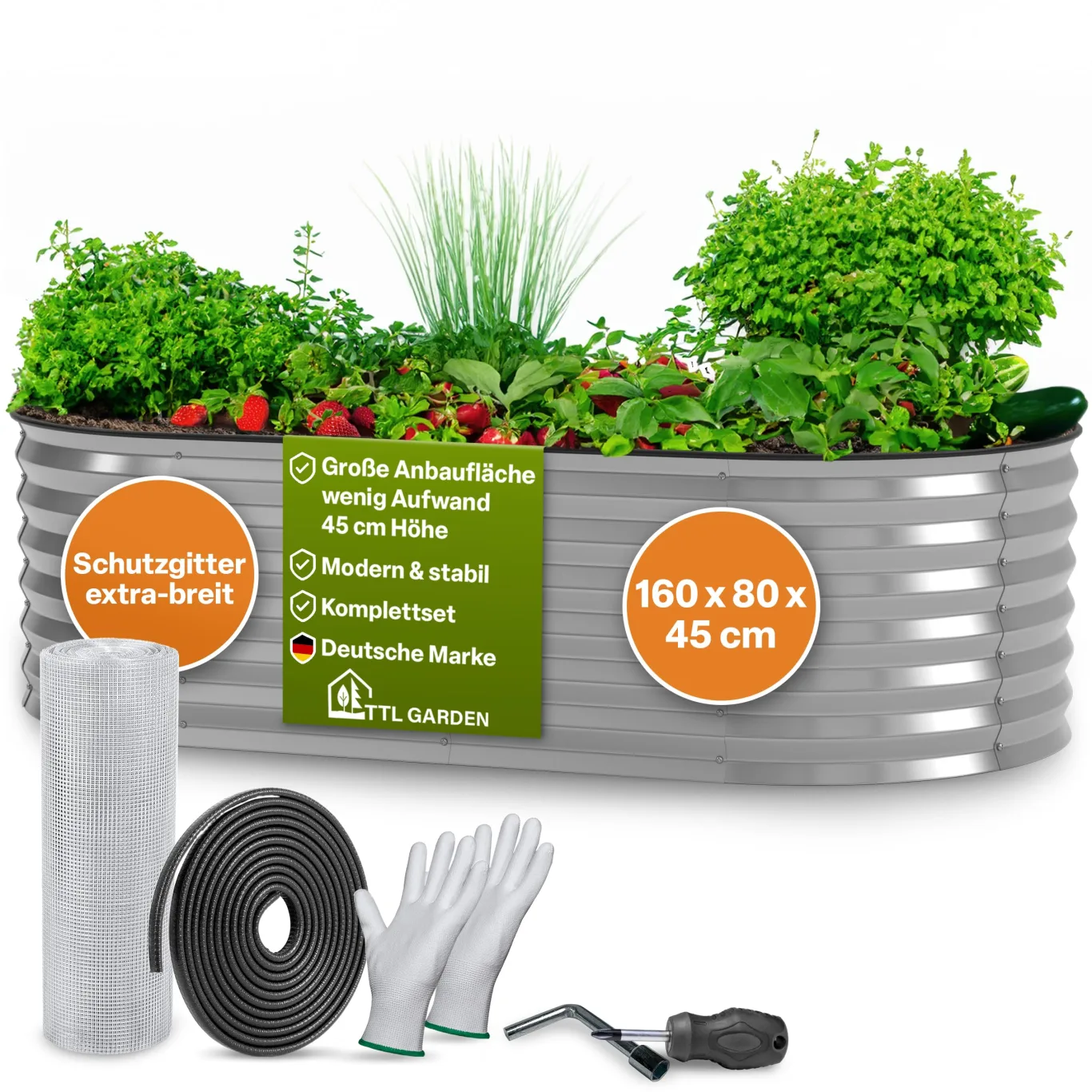 TTL GARDEN 160x80x45cm Spirit M Metall Hochbeet Silber - Stahl rostfrei verzinkt Wellblech ovale Form sehr groß stabil & wetterfest Garten Beet für Gemüse Kräuter Blumen Gartenbeet Gemüsebeet - Bild 1