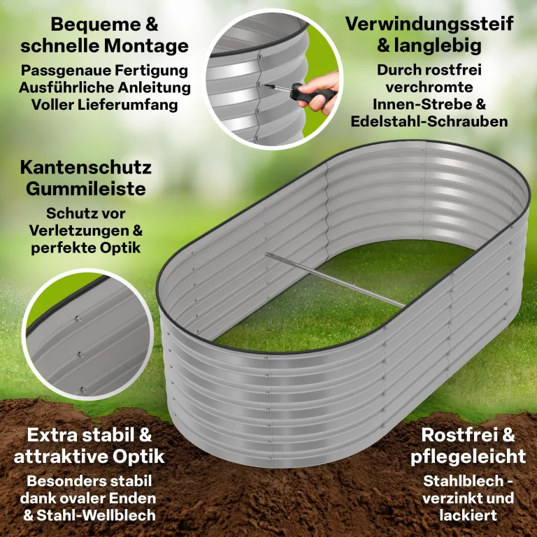 TTL GARDEN 160x80x45cm Spirit M Metall Hochbeet Silber - Stahl rostfrei verzinkt Wellblech ovale Form sehr groß stabil & wetterfest Garten Beet für Gemüse Kräuter Blumen Gartenbeet Gemüsebeet – Bild 3