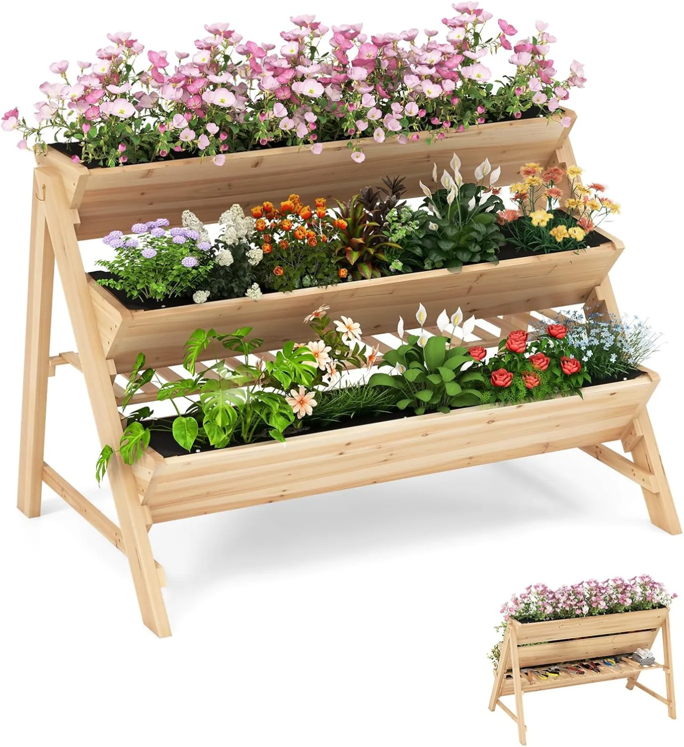 COSTWAY 3 stufiges Hochbeet Holz, Pflanzenbeet mit Ablage, 2 Haken & 3 Pflanzfolien, Kräuterbeet mit 3 Blumenkästen, Gartenbeet für Garten Terrasse Balkon, Etagenbeet Vertikalbeet, Natur - Bild 1