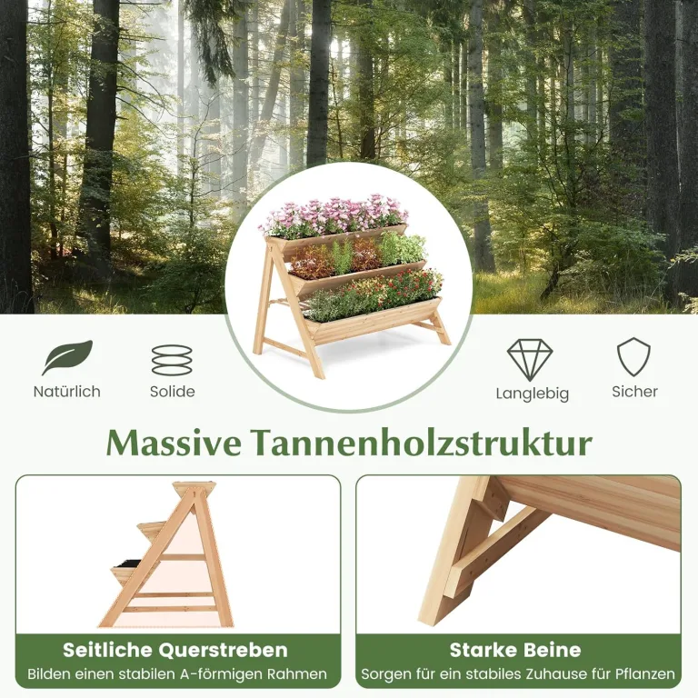 COSTWAY 3 stufiges Hochbeet Holz, Pflanzenbeet mit Ablage, 2 Haken & 3 Pflanzfolien, Kräuterbeet mit 3 Blumenkästen, Gartenbeet für Garten Terrasse Balkon, Etagenbeet Vertikalbeet, Natur – Bild 4