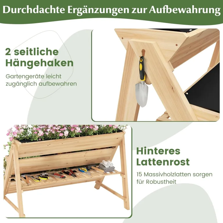 COSTWAY 3 stufiges Hochbeet Holz, Pflanzenbeet mit Ablage, 2 Haken & 3 Pflanzfolien, Kräuterbeet mit 3 Blumenkästen, Gartenbeet für Garten Terrasse Balkon, Etagenbeet Vertikalbeet, Natur – Bild 5