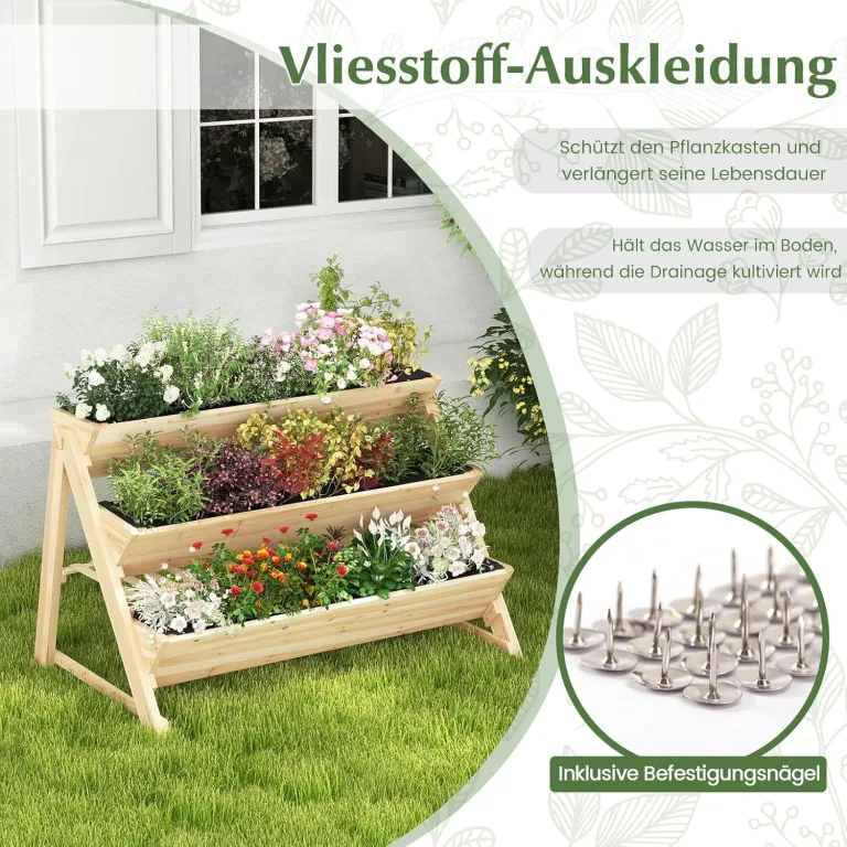 COSTWAY 3 stufiges Hochbeet Holz, Pflanzenbeet mit Ablage, 2 Haken & 3 Pflanzfolien, Kräuterbeet mit 3 Blumenkästen, Gartenbeet für Garten Terrasse Balkon, Etagenbeet Vertikalbeet, Natur – Bild 6