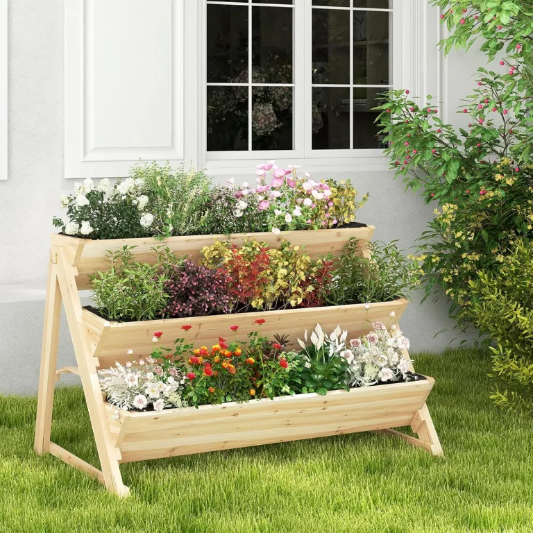 COSTWAY 3 stufiges Hochbeet Holz, Pflanzenbeet mit Ablage, 2 Haken & 3 Pflanzfolien, Kräuterbeet mit 3 Blumenkästen, Gartenbeet für Garten Terrasse Balkon, Etagenbeet Vertikalbeet, Natur – Bild 8