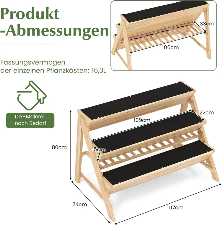 COSTWAY 3 stufiges Hochbeet Holz, Pflanzenbeet mit Ablage, 2 Haken & 3 Pflanzfolien, Kräuterbeet mit 3 Blumenkästen, Gartenbeet für Garten Terrasse Balkon, Etagenbeet Vertikalbeet, Natur – Bild 3