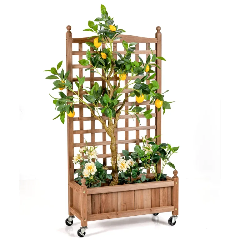 COSTWAY Blumenkasten mit Rankgitter, Pflanzkasten Holz für Kletterpflanzen, Pflanzkübel mit Sichtschutz, Hochbeet mit Spalier & Drainagelöchern, für Garten Hof Balkon, 64,5 x 28 x 120 cm, Braun – Bild 10