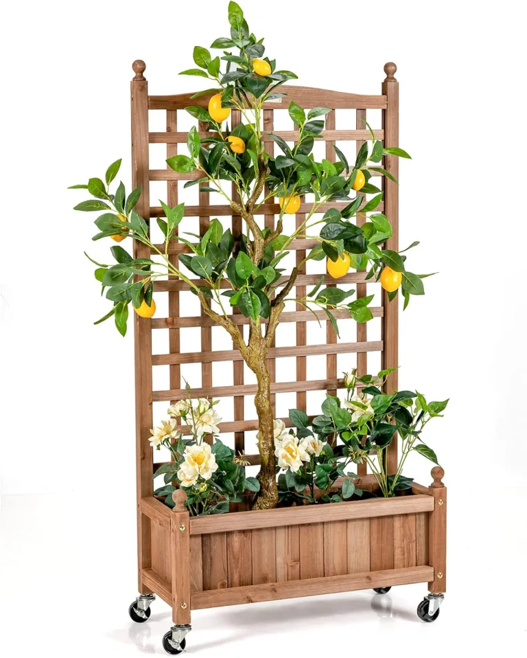 COSTWAY Blumenkasten mit Rankgitter, Pflanzkasten Holz auf Rollen, für Kletterpflanzen, Hochbeet mit Spalier, Gartenspalier mit Drainagelöchern, für Garten Hof Balkon, 64 x 28 x 127 cm, Braun – Bild 1
