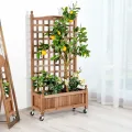 COSTWAY Blumenkasten mit Rankgitter, Pflanzkasten Holz auf Rollen, für Kletterpflanzen, Hochbeet mit Spalier, Gartenspalier mit Drainagelöchern, für Garten Hof Balkon, 64 x 28 x 127 cm, Braun - Thumbnail 8