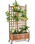 COSTWAY Blumenkasten mit Rankgitter, Pflanzkasten Holz auf Rollen, für Kletterpflanzen, Hochbeet mit Spalier, Gartenspalier mit Drainagelöchern, für Garten Hof Balkon, 64 x 28 x 127 cm, Braun - Thumbnail 1