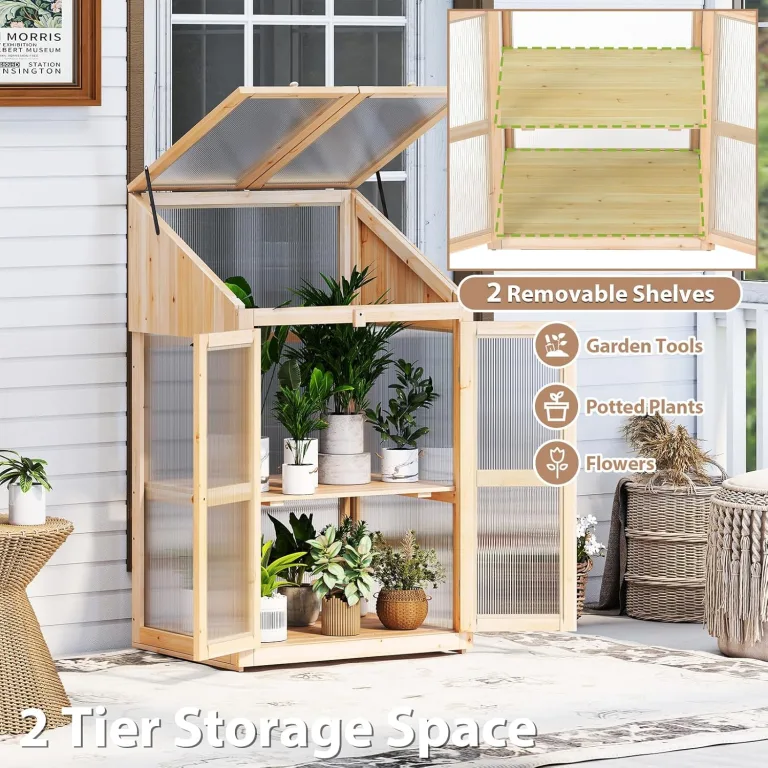 HOMASIS Gewächshaus mit 3 Ablagen, Anlehngewächshaus Tomaten mit 2 Türen & Oberlicht, Holz Frühbeet Pflanzenhaus Winterfest klein, Teibhaus Gartenhaus für Garten & Balko (Natur, 69x58x121cm) – Bild 4