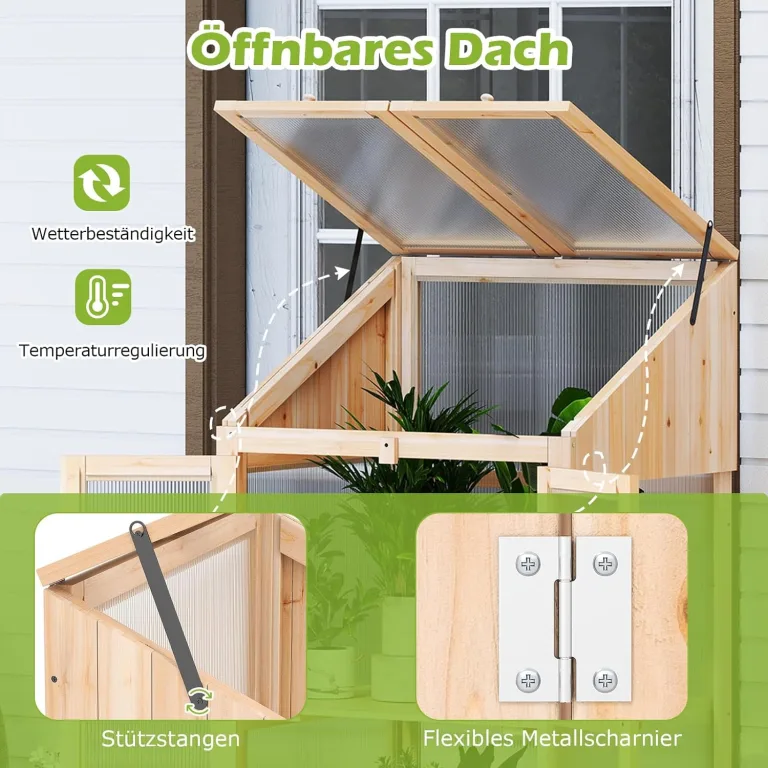 COSTWAY 2 Etagen Frühbeet, aus Holz & PC, Hochbeet wetterfest, Gewächshaus mit 2 Türen, Deckel & abnehmbaren Regalen, Pflanzenbeet Aufzuchtschrank Treibhaus, für Garten Balkon, 69 x 58 x 121 cm, Natur – Bild 6