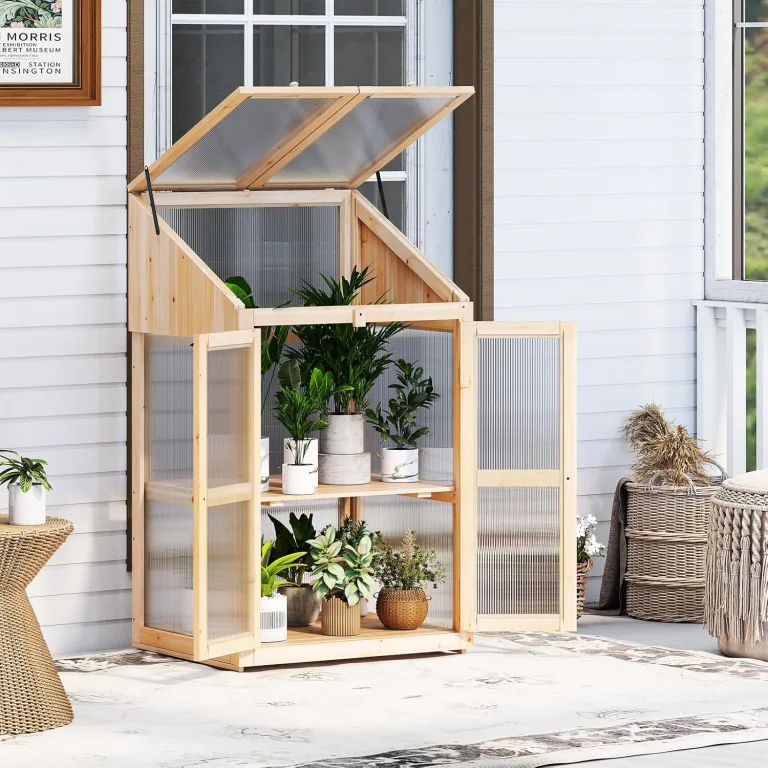 COSTWAY 2 Etagen Frühbeet, aus Holz & PC, Hochbeet wetterfest, Gewächshaus mit 2 Türen, Deckel & abnehmbaren Regalen, Pflanzenbeet Aufzuchtschrank Treibhaus, für Garten Balkon, 69 x 58 x 121 cm, Natur – Bild 7
