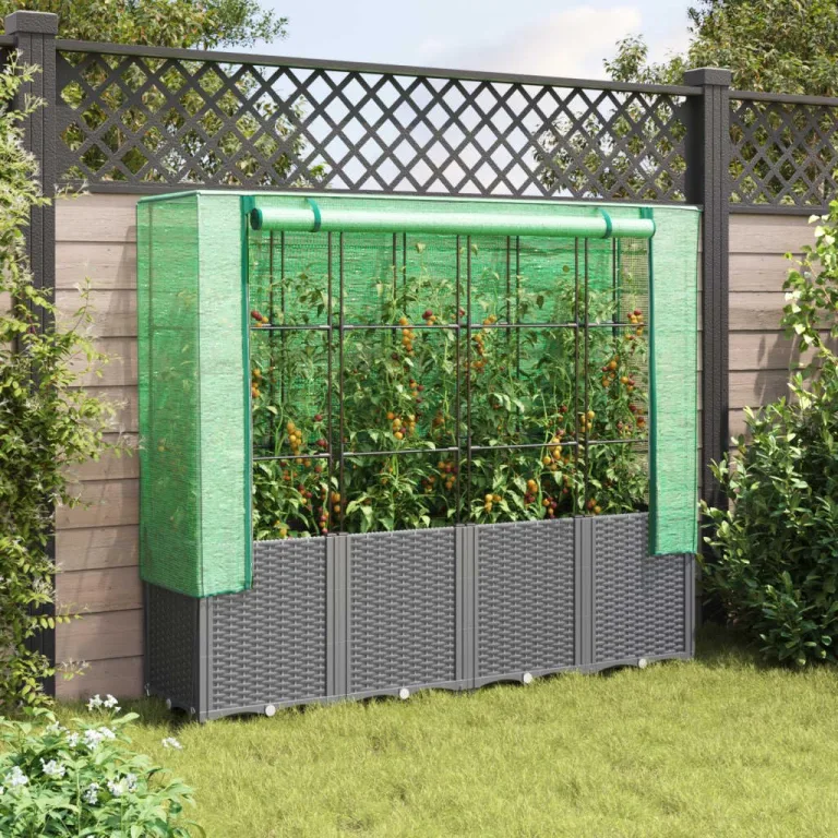Hochbeet with Gewächshaus-Aufsatz, Polypropylen Material, Rattan Optik, Hochbeet mit Abdeckung, Hochbeete mit Dach, Balkon Pflanzkasten, 160x40x153 cm – Bild 3