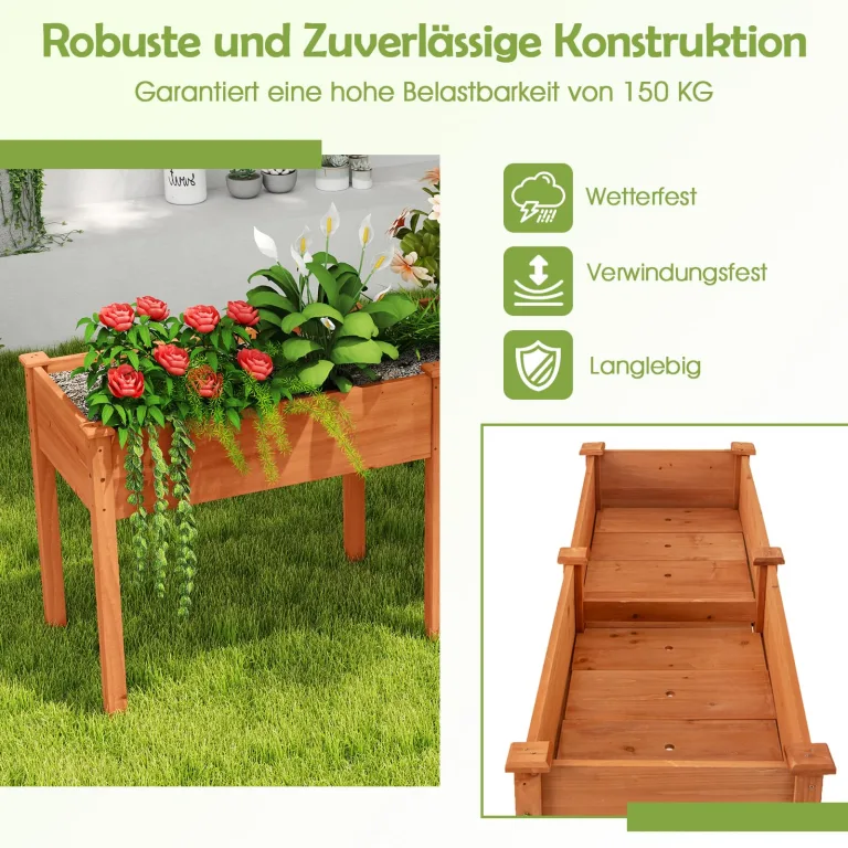 COSTWAY Hochbeet Holz Dual, Erhöhtes Gartenbeet, Pflanzkasten mit Trennwand & Drainagelöchern, Gemüsebeet Pflanzbeet rechteckig, Kräuterbeet für Balkon Garten Terrasse, 184 x 58 x 77 cm (Braun) – Bild 5