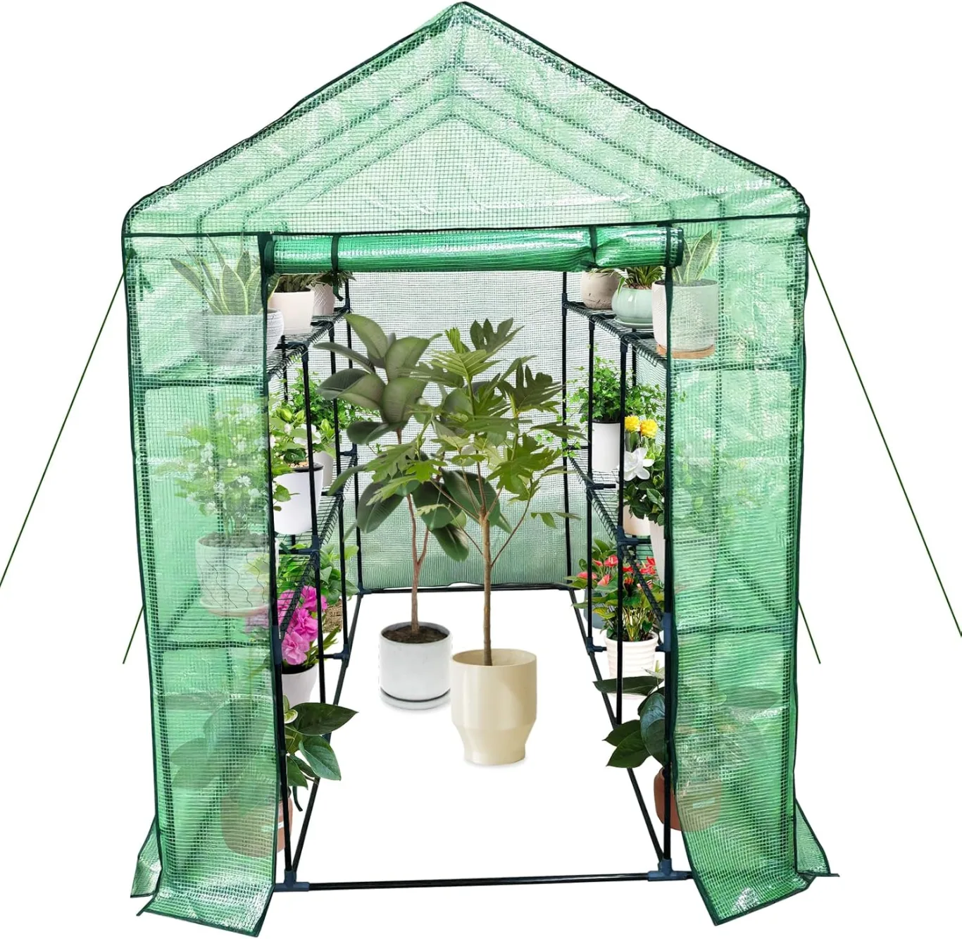 Gewächshaus 143x215x195Cm, Tomatengewächshaus Tomaten Gewächshaus Balkon Greenhouse Tomatenhaus, Foliengewächshaus Mit Rahmen Aus Verzinktem Stahl & PE Gitterfolie,Treibhaus Für Garten & Aufzucht,Grün - Bild 1