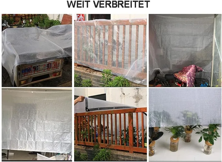 Transparente wasserdichte Abdeckplane, 4 x 8 m, robuste Netzabdeckung für Holz, Gartenmöbel, Pflanzen und Gewächshäuser, verstärkt mit Ösen und Seil, reißfeste Schutzfolie – Bild 3
