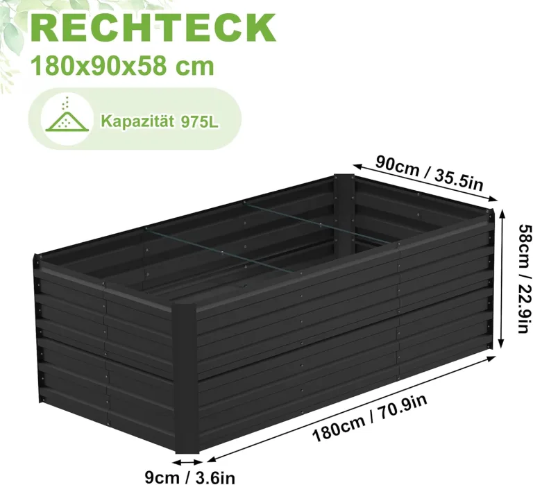 Hochbeet Metall,975L Pflanzkasten Hochbeete für Garten,Rostfreies Stahlblech Kräuterbeet, Verzinktes Gemüsebeet Pflanzenbeet zum Anbau von Gemüse, Blumen, 180x90x58 cm Rechteckigl,Schwarz M – Bild 4