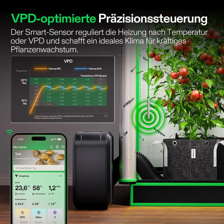 VIVOSUN AeroFlux Smart Grow Tent Heater, 700W PTC-Heizung mit Thermostat, VPD-Überwachung, App-Steuerung, Überhitzungsschutz und Verlängerungsschlauch, für Growzelte, Räume und Gewächshäuser – Bild 4