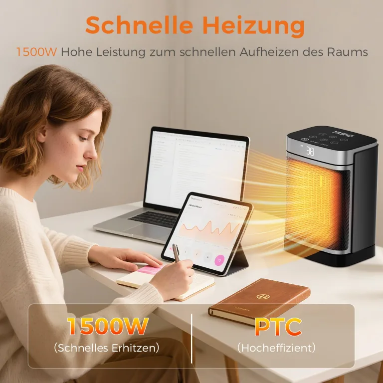 YASHE Heizlüfter Energiesparend 1500W Heizung Elektrisch mit Fernbedienung, Thermostat PTC-Keramik Heizung 70° Oszillierend 24-Std-Timer Überhitzungs-Kippschutz Kindersicherung – Bild 2
