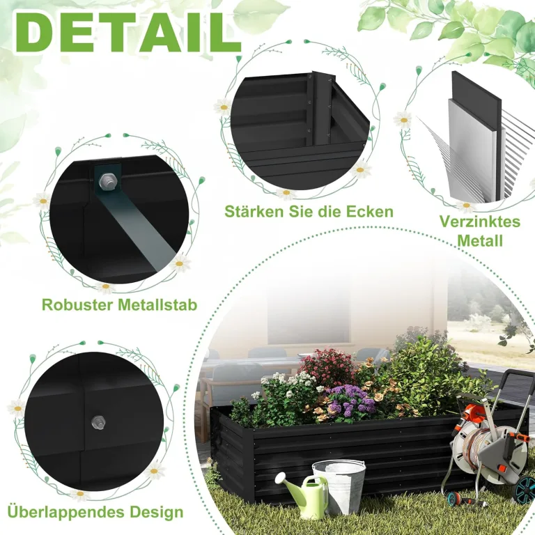 120x60x58cm Hochbeet Verzinkter Stahl Gemüsebeet Kräuterbeet Pflanzkasten Frühbeet Hochbeete-Kit Pflanzenbeet Gemüsebeet Blumenkasten für Beet, Garten und Terrasse Rechteck-Schwarz – Bild 5