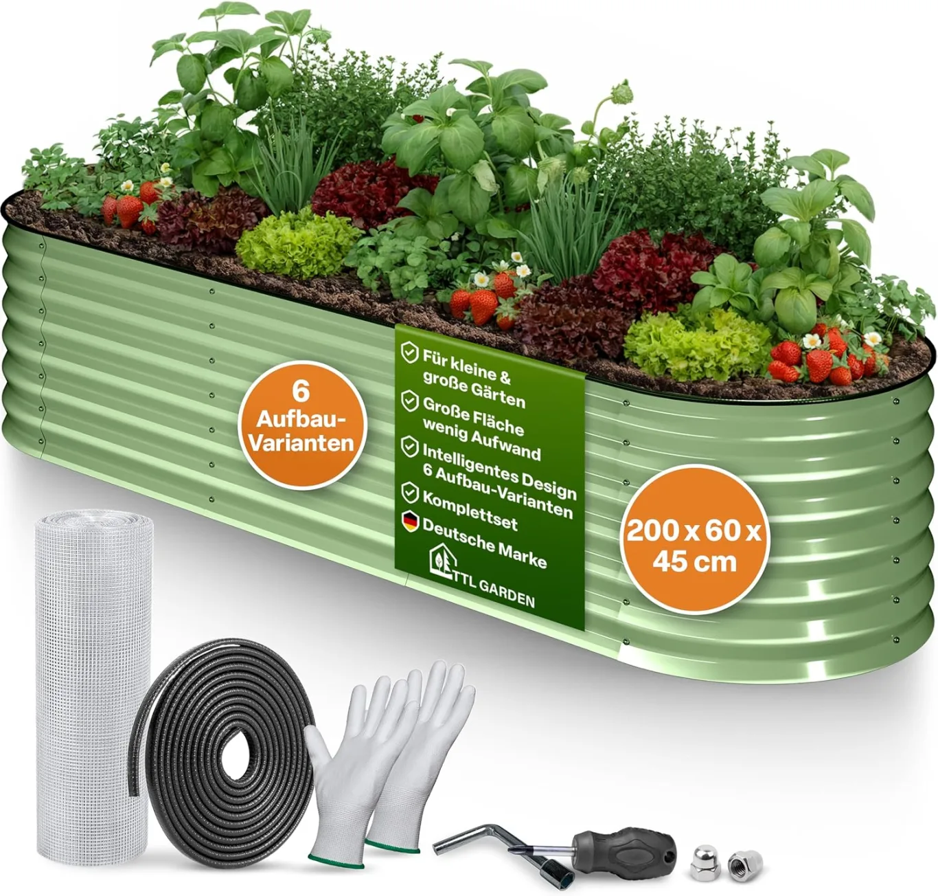 TTL GARDEN 200x60x45cm Metall Hochbeet Fusion 6-in-1 Salbei Grün - Stahl rostfrei verzinkt & lackiert 45cm hoch 60cm breit Wellblech Form oval stabil Garten Beet für Gemüse Kräuter Blumen Gartenbeet - Bild 1
