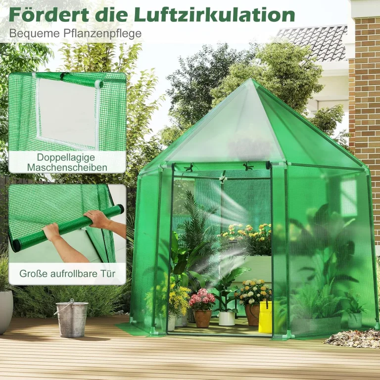 COSTWAY Gewächshaus, Treibhaus mit Allwetter-PE-Abdeckung, Rolltür und Fenster, Foliengewächshaus Tomatengewächshaus Tomatenhaus, Pflanzenhaus für Tomaten & Topfpflanzen, 198 x 172 x 190 cm, Grün – Bild 5