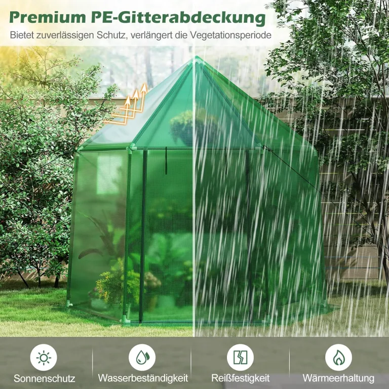 COSTWAY Gewächshaus, Treibhaus mit Allwetter-PE-Abdeckung, Rolltür und Fenster, Foliengewächshaus Tomatengewächshaus Tomatenhaus, Pflanzenhaus für Tomaten & Topfpflanzen, 198 x 172 x 190 cm, Grün – Bild 4