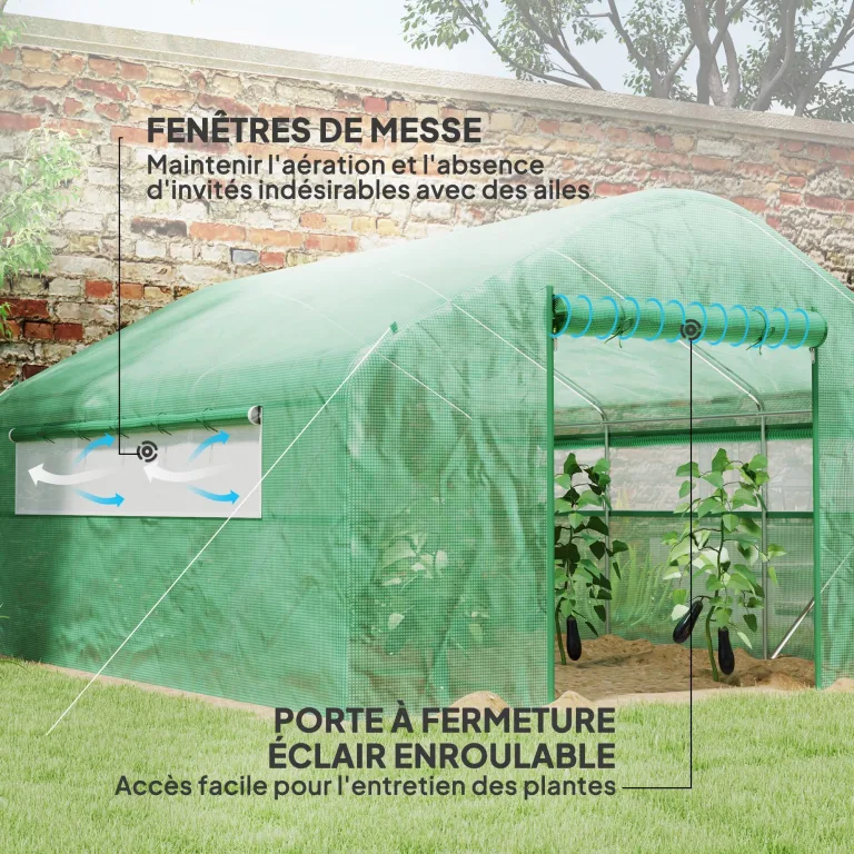 Outsunny Gartengewächshaus 12 m², 4 x 3 x 2 m Garten-Tunnelgewächshaus mit Rolltüren und großen Netzfenstern, Gewächshaus aus verzinktem Stahl und UV-beständigem PE mit hoher Dichte 140 g/m², grün – Bild 3