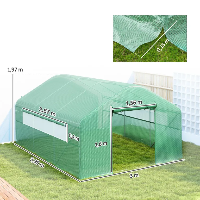 Outsunny Gartengewächshaus 12 m², 4 x 3 x 2 m Garten-Tunnelgewächshaus mit Rolltüren und großen Netzfenstern, Gewächshaus aus verzinktem Stahl und UV-beständigem PE mit hoher Dichte 140 g/m², grün – Bild 7