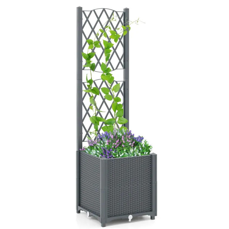GOPLUS Blumenkasten mit Rankgitter, Hochbeet mit Spalier für Kletterpflanzen & Topfpflanzen, Tiefes Pflanzbeet mit Drainagelöchern für Balkon, Hinterhof & Garten (Schwarz, 63 x 31 x 112 cm) – Bild 6