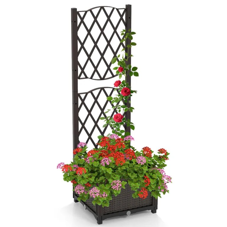 GOPLUS Blumenkasten mit Rankgitter, Hochbeet mit Spalier für Kletterpflanzen & Topfpflanzen, Tiefes Pflanzbeet mit Drainagelöchern für Balkon, Hinterhof & Garten (Schwarz, 63 x 31 x 112 cm) – Bild 10