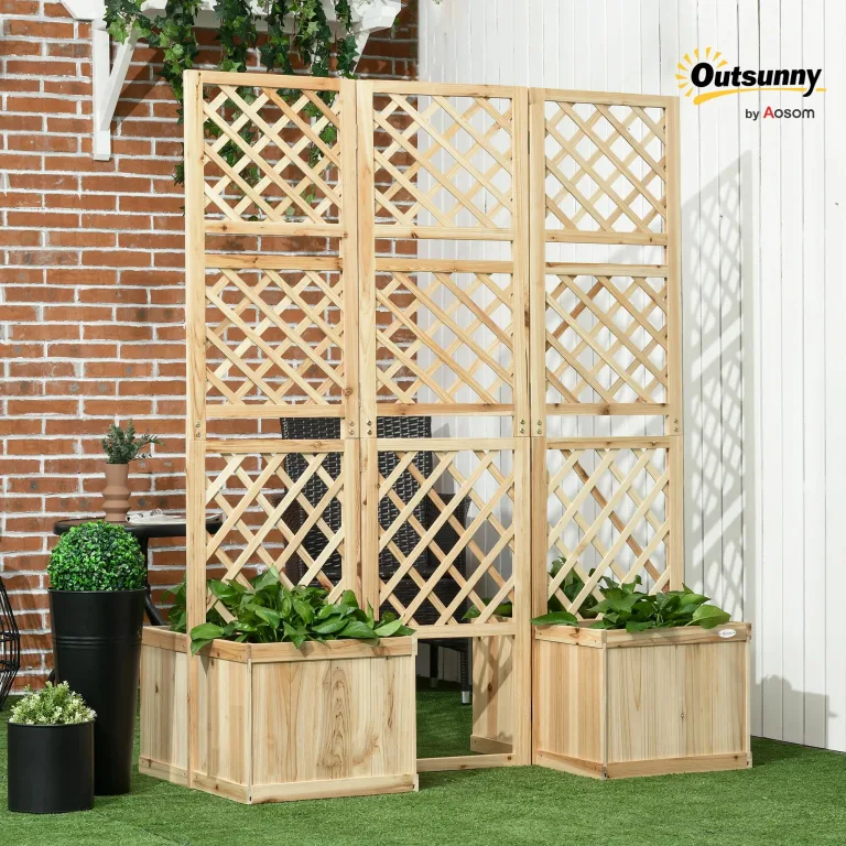 Outsunny Hochbeet mit Klappbarem Spalier, 133 x 165 cm Raumtrenner mit Sichtschutz, Pflanzkasten mit 4 Blumenkasten, Tannenholz Raumteiler für Balkon, Natur – Bild 2
