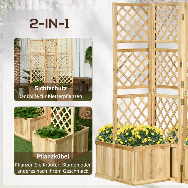 Outsunny Hochbeet mit Klappbarem Spalier, 133 x 165 cm Raumtrenner mit Sichtschutz, Pflanzkasten mit 4 Blumenkasten, Tannenholz Raumteiler für Balkon, Natur – Bild 3