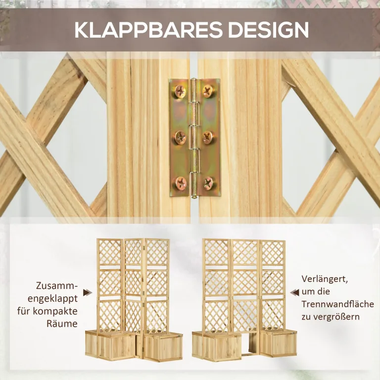 Outsunny Hochbeet mit Klappbarem Spalier, 133 x 165 cm Raumtrenner mit Sichtschutz, Pflanzkasten mit 4 Blumenkasten, Tannenholz Raumteiler für Balkon, Natur – Bild 4