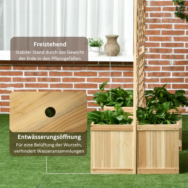 Outsunny Hochbeet mit Klappbarem Spalier, 133 x 165 cm Raumtrenner mit Sichtschutz, Pflanzkasten mit 4 Blumenkasten, Tannenholz Raumteiler für Balkon, Natur – Bild 5
