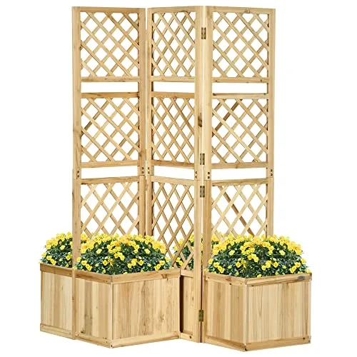 Outsunny Hochbeet mit Klappbarem Spalier, 133 x 165 cm Raumtrenner mit Sichtschutz, Pflanzkasten mit 4 Blumenkasten, Tannenholz Raumteiler für Balkon, Natur – Bild 10