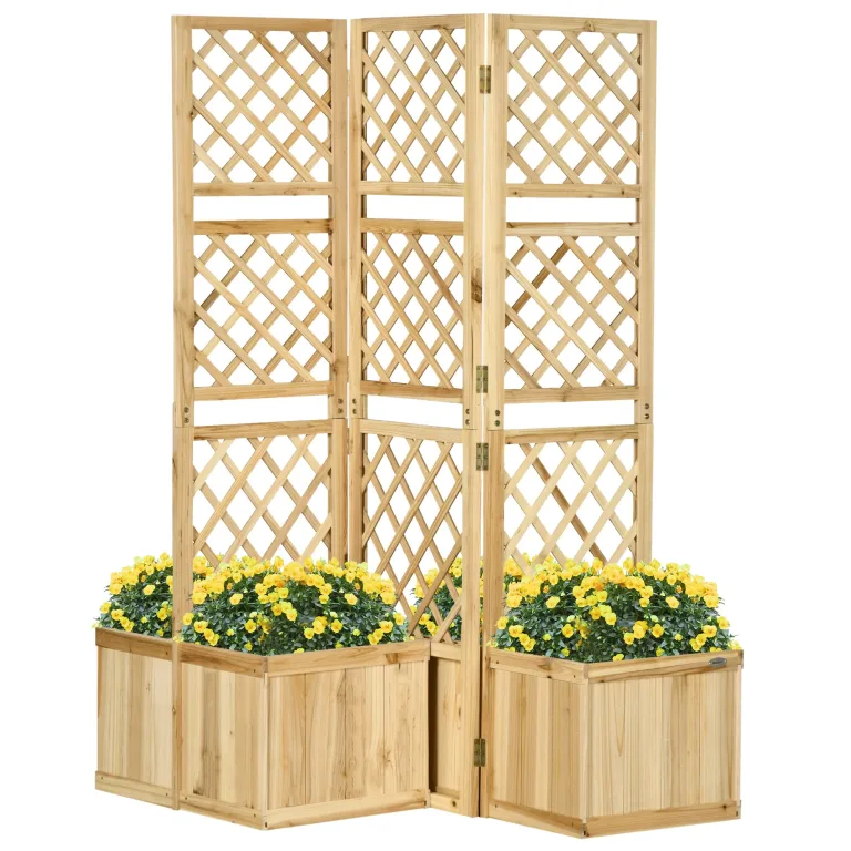 Outsunny Hochbeet mit Klappbarem Spalier, 133 x 165 cm Raumtrenner mit Sichtschutz, Pflanzkasten mit 4 Blumenkasten, Tannenholz Raumteiler für Balkon, Natur – Bild 1